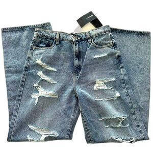 NWT Wide Leg Jeans She’s All That Fashion Nova Medium Wash Distressed Size 9/29